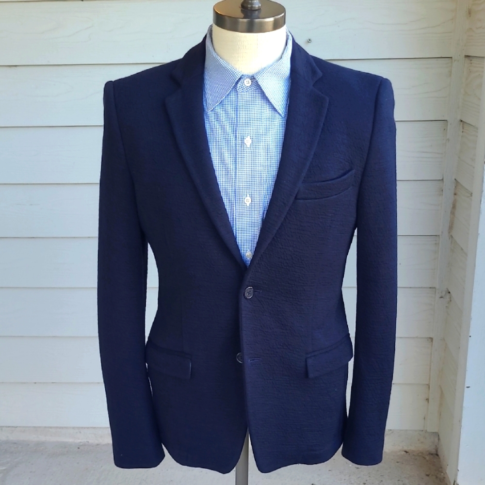DAVID NAMAN Italy Dark Navy‎ Weave Wool Cotton Blend Mens 38 R Sport Coat Blazer